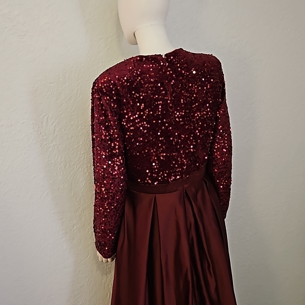 TS Couture Purple Satin Velvet Sequin Deep V Long Sleeve Formal Ball Gown - Picture 5 of 8
